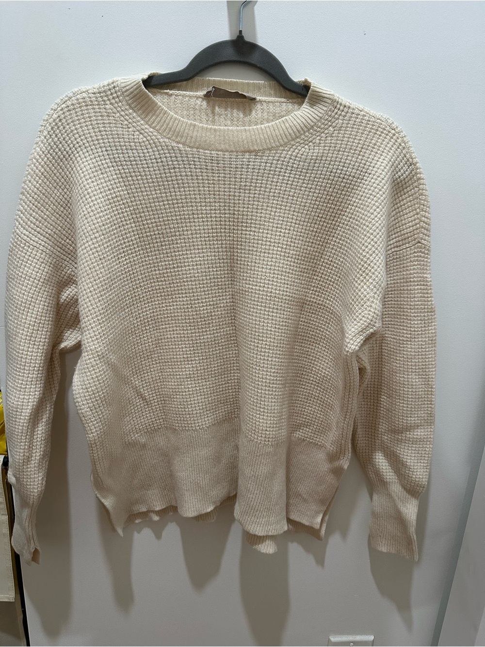 Cream Waffle-Knit 100% Cashmere Crewneck Sweater